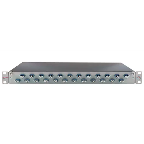لوحة توزيع كابلات ألياف ضوئية داتويلر 1U، 24 منفذ LC (12 LCD)، متعدد الوضع MM OM3، محملة بالكامل بالمحولات، أكمام سيراميكية، و24 كابل Pigtails بطول 2 متر